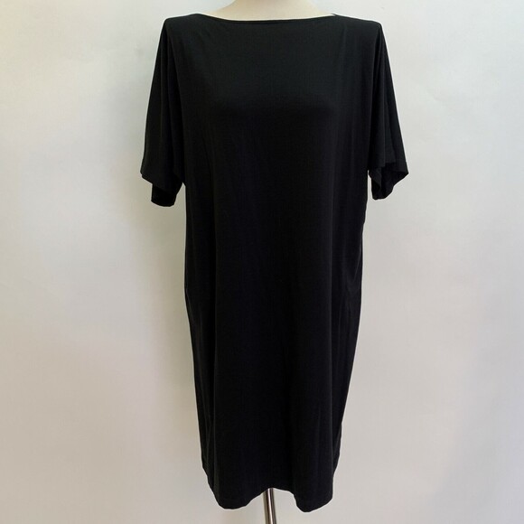 Eileen Fisher Women's T-Shirt Shift Dress Small Black Cold Shoulder Boat Neck - Picture 1 of 12